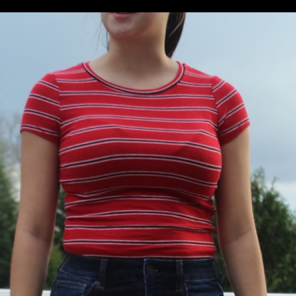 Red t shirt with thin dark blue and white stripes